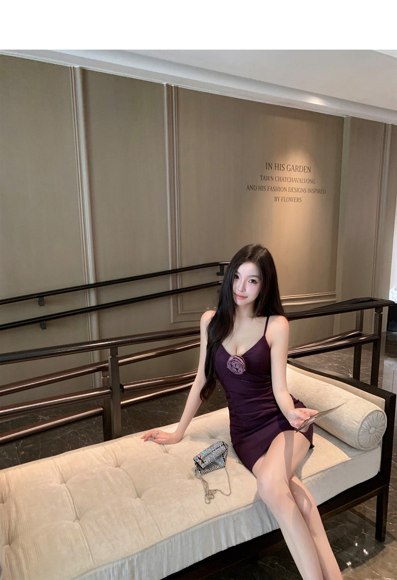 Wed. 氛圍感美女 Du修身v領連身洋裝 藍/紫