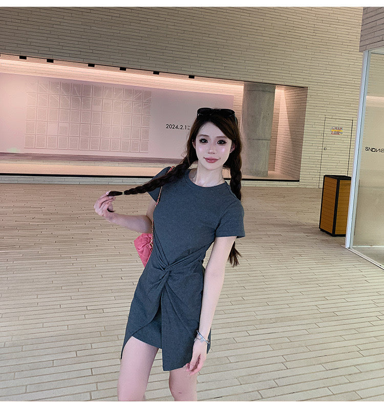 Sun. 小個子百搭收腰扭結顯瘦連身裙 灰