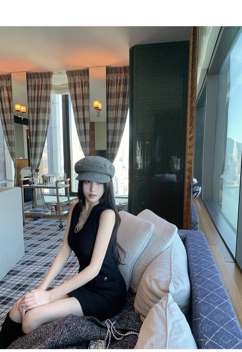 Thu.簡約小香 法式肌理紋V領針織包臀裙 黑