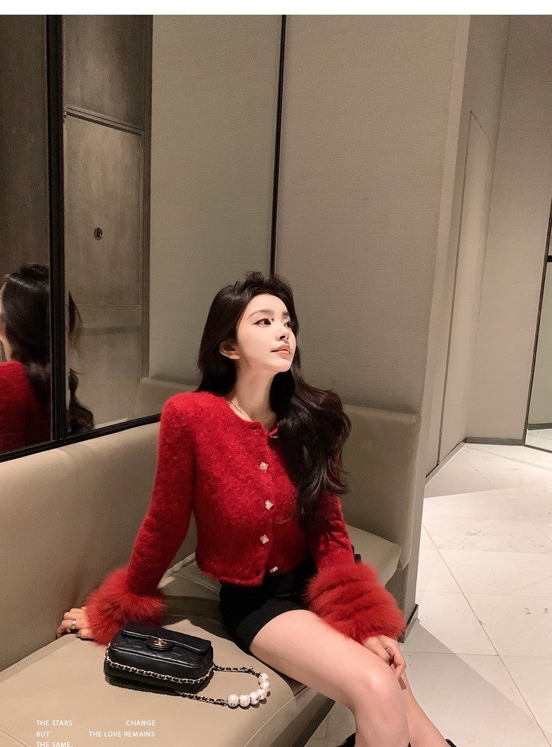 Thu. 矜貴戀人 奢絨羊駝毛 狐狸袖千金針織上衣 紅