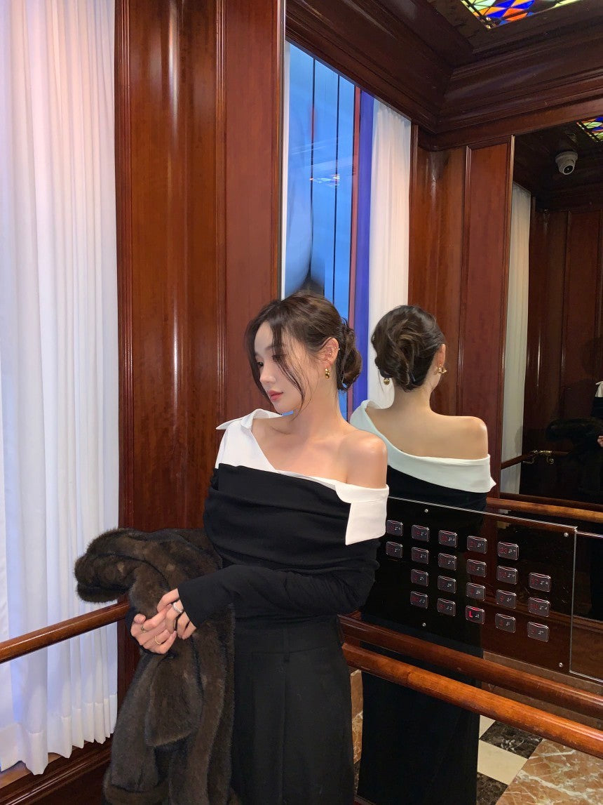 Fri. 氣質圓舞曲 襯衫領法式撞色拼接上衣 黑/灰