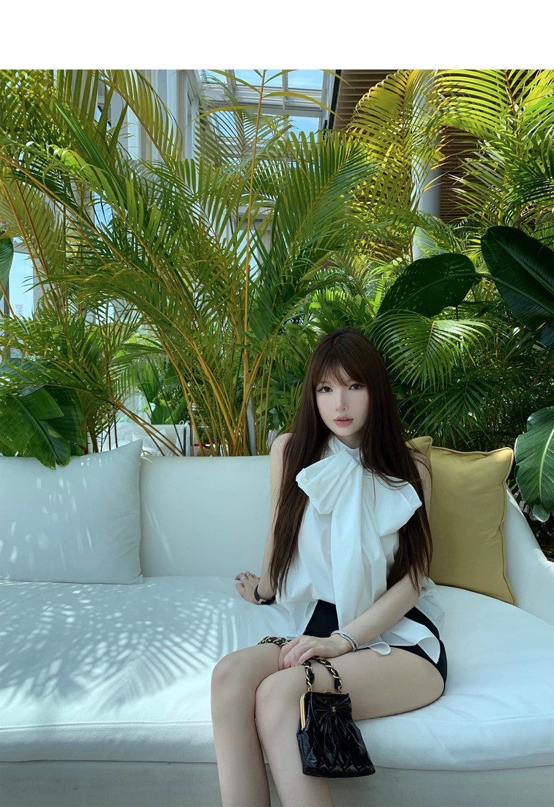 Wed.經典氣質 大蝴蝶結綁領襯衫背心 白/藍