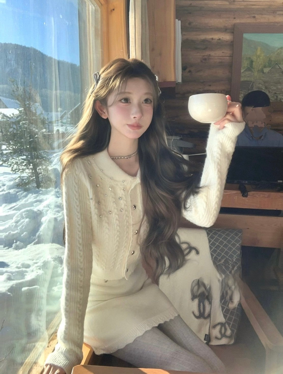 Sat. 雪白千金 軟糯手工釘珠針織半身裙套裝