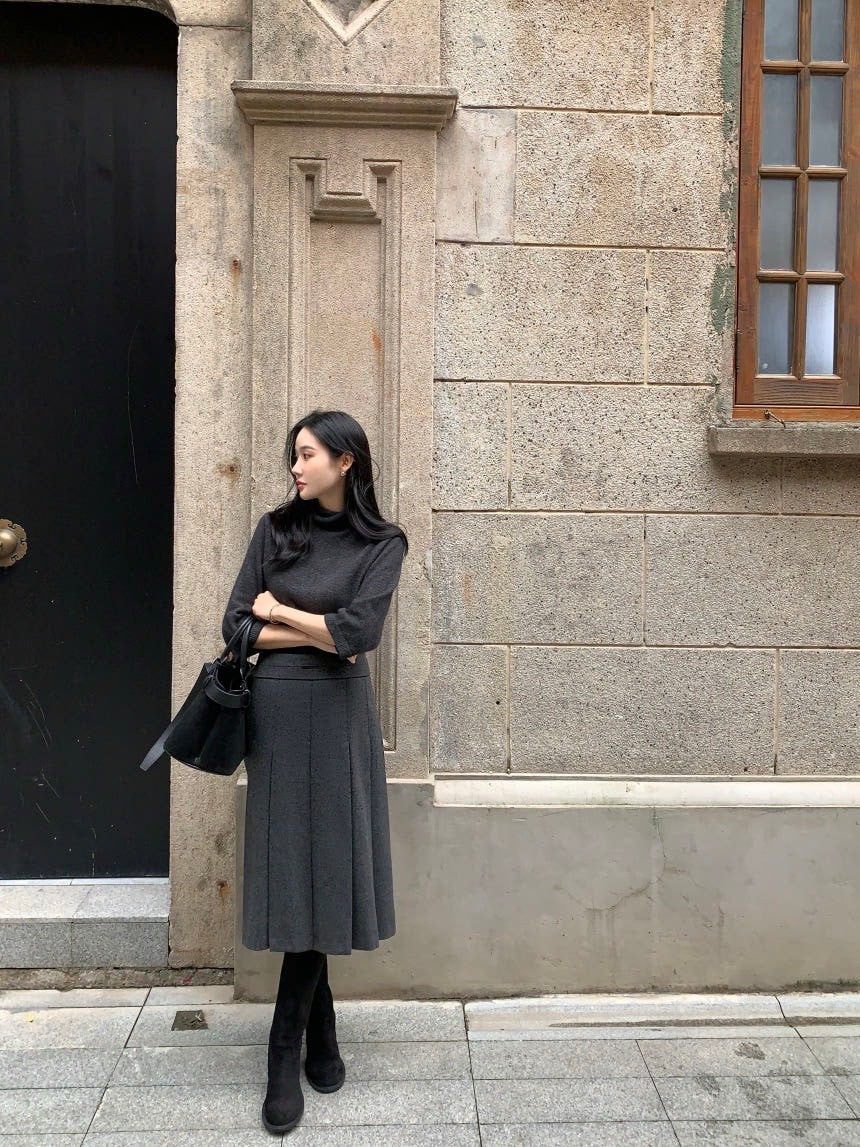 Fri. 韓國氣質堆堆領 7分袖針織上衣 灰