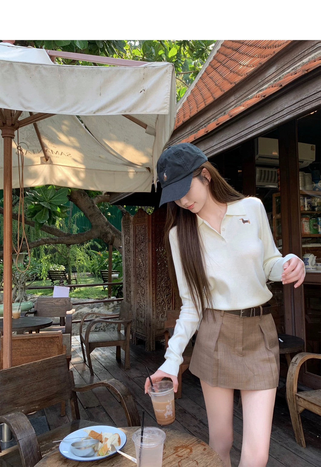Wed.可愛臘腸小狗 polo領休閒修身針織上衣 米白