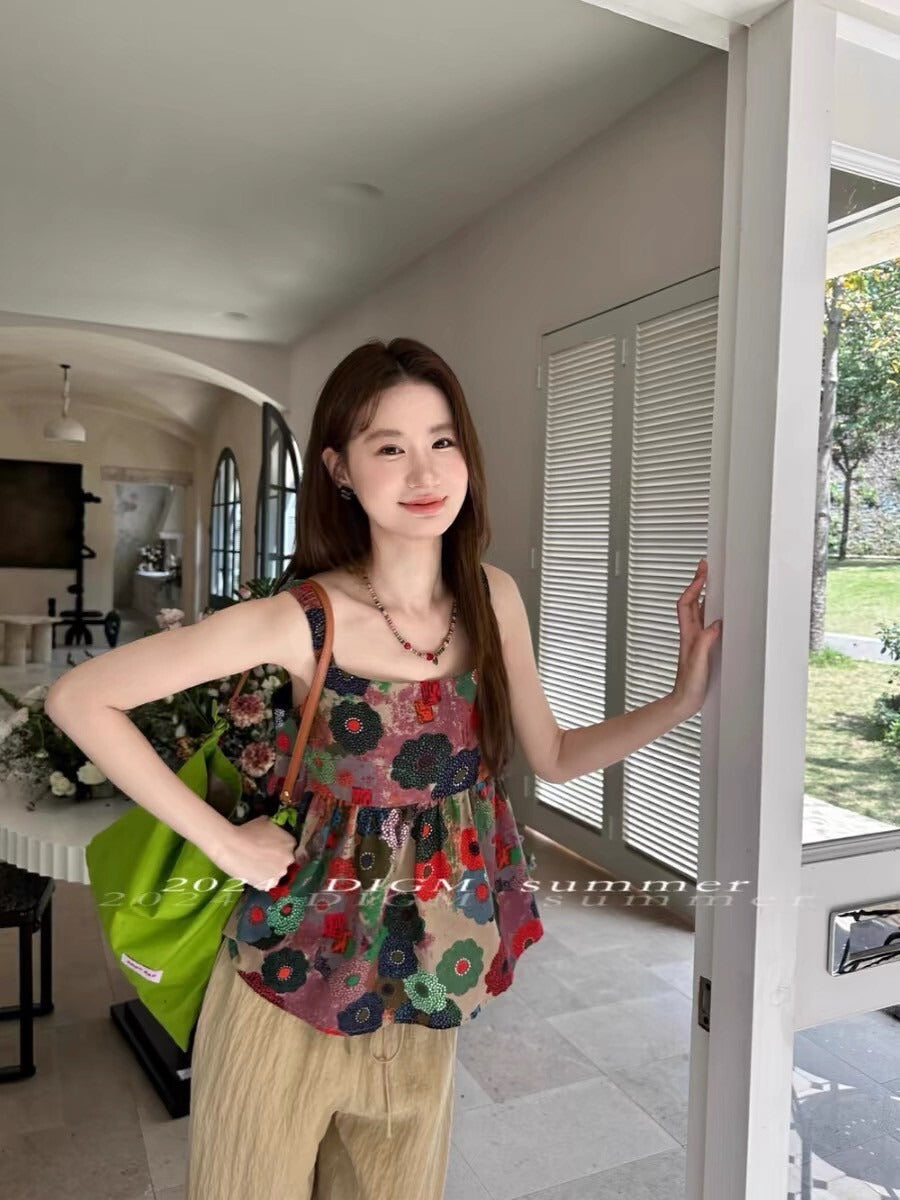 Sat. 甜心油畫家 小眾彩花吊帶上衣