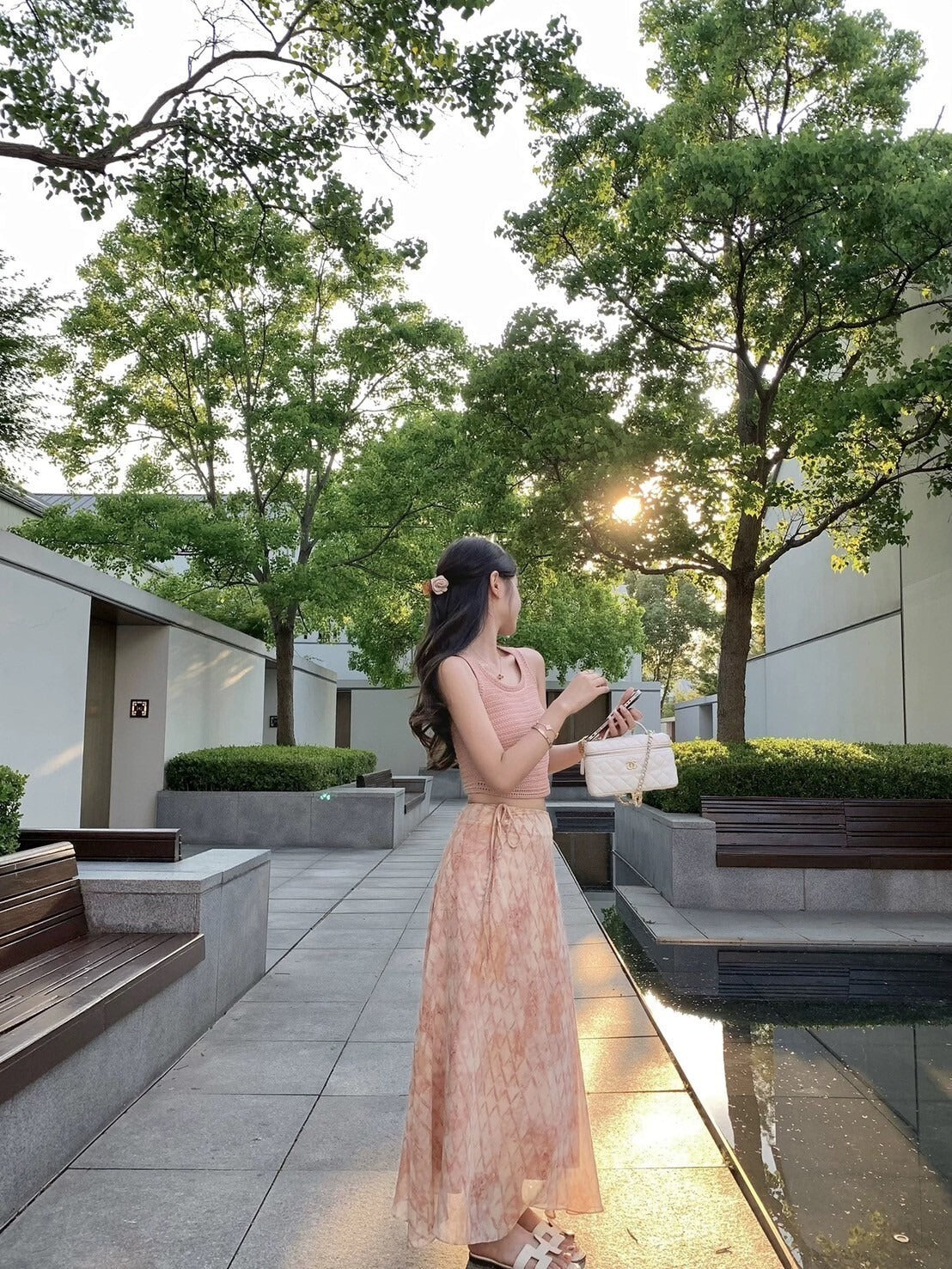 Sat. 暮橘織光 漂染針織背心/抽繩層疊半身裙 粉