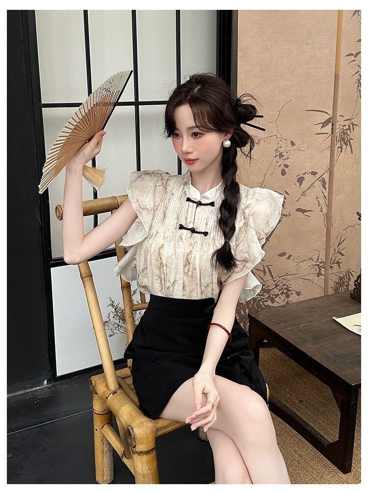 Sat. 溫婉新中式盤扣小飛袖上衣2色/修身半身裙