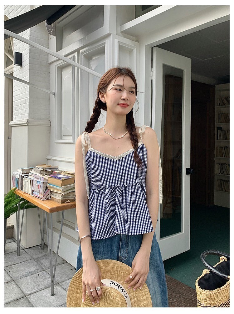 Sat. 草原野餐 復古綁帶格紋背心 粉/藍