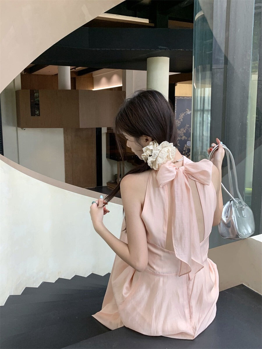 Sat. 草莓牛奶 粉嫩蝴蝶結綁帶光澤紗連身裙
