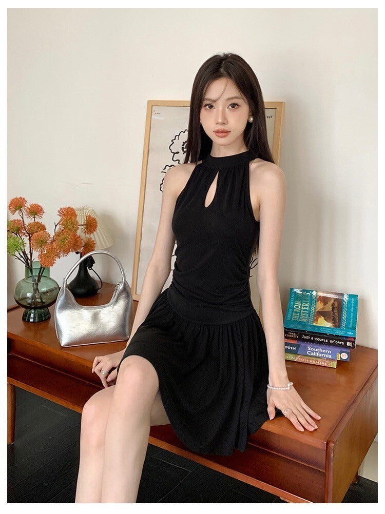 Sat. 繆思女神裙 百搭圓領荷葉連身裙 灰綠/黑