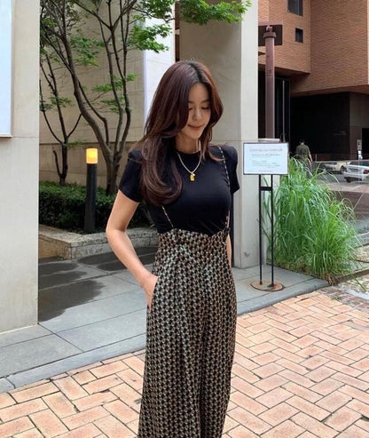 Tue. 復古極高腰闊腿休閒褲 印花/純黑