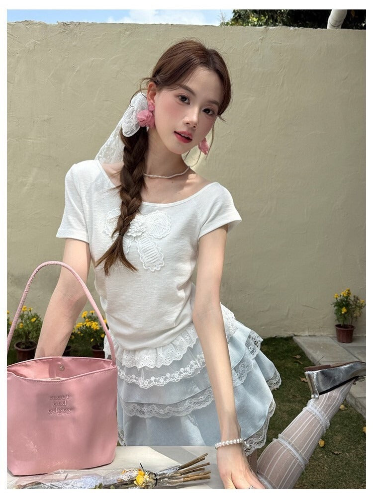 Sat.  芭蕾翩翩 休閒蝴蝶結上衣（兩色）/蕾絲蛋糕裙