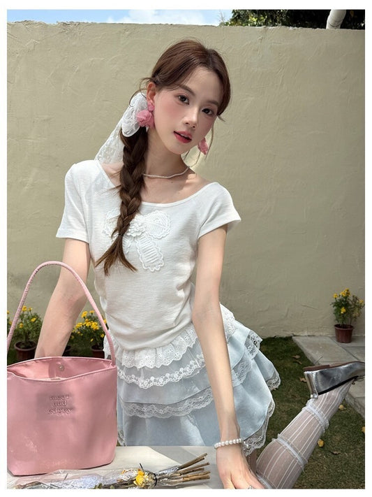 Sat.  芭蕾翩翩 休閒蝴蝶結上衣（兩色）/蕾絲蛋糕裙