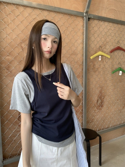 Sat. 休閒疊穿 撞色兩件套上衣 藍灰