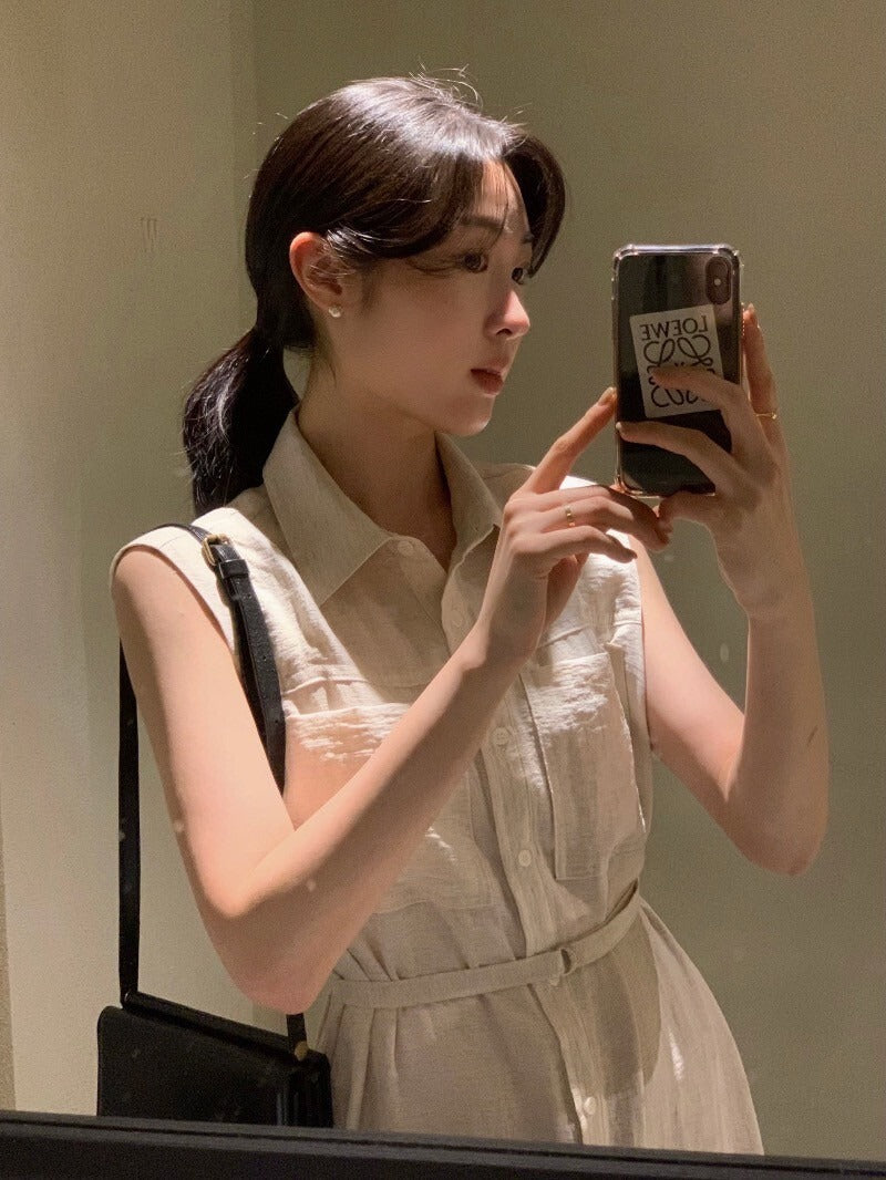 Tue. 通勤氣質繫帶式連身背心裙 杏/咖