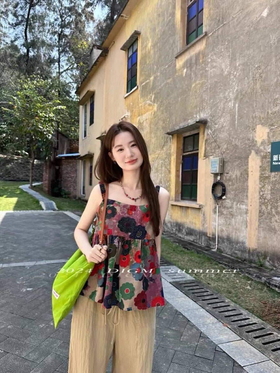 Sat. 甜心油畫家 小眾彩花吊帶上衣