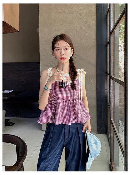 Sat. 草原野餐 復古綁帶格紋背心 粉/藍