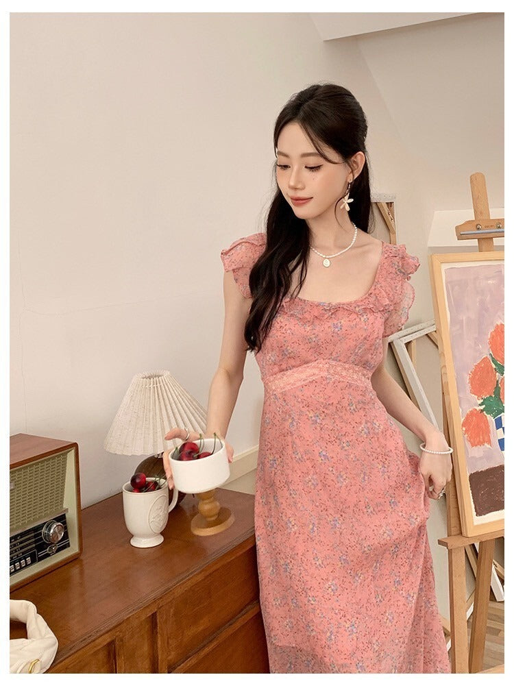 Sat. 海島熱戀 顯瘦浪漫雪紡碎花裙 粉/黑