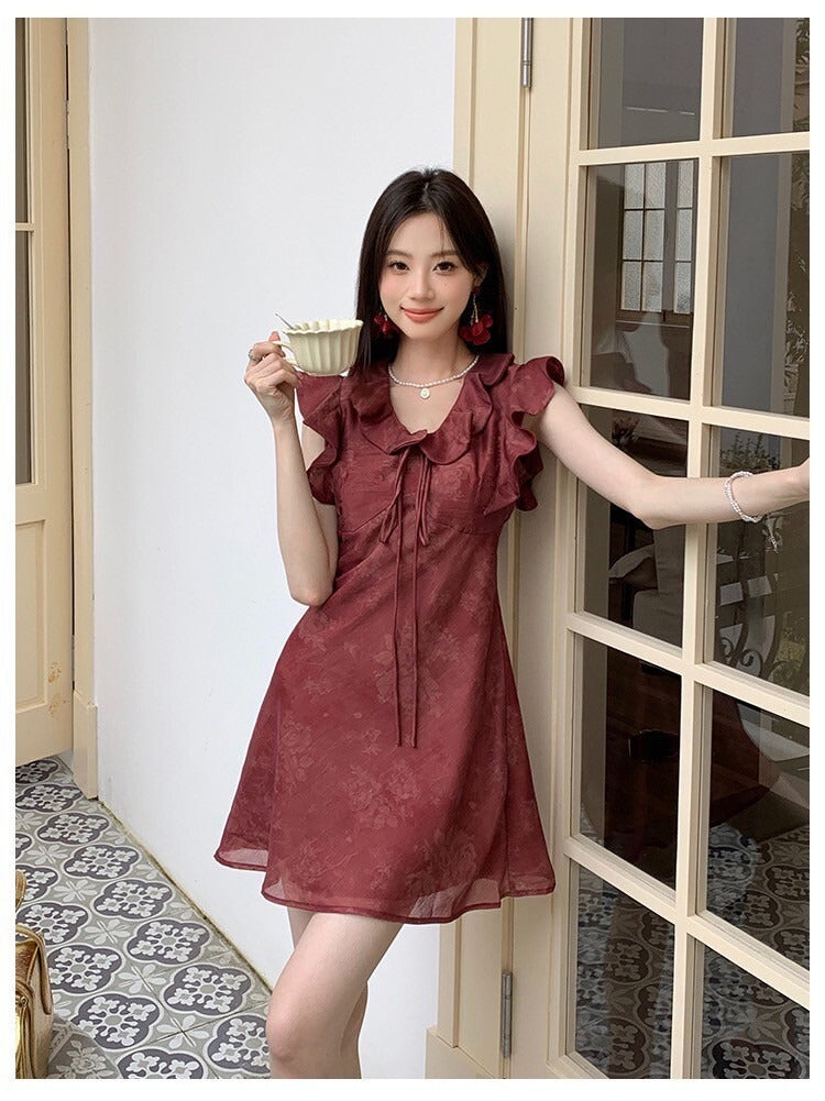 Sat. 溫柔解語花 新中式荷葉袖碎花裙 紅/杏