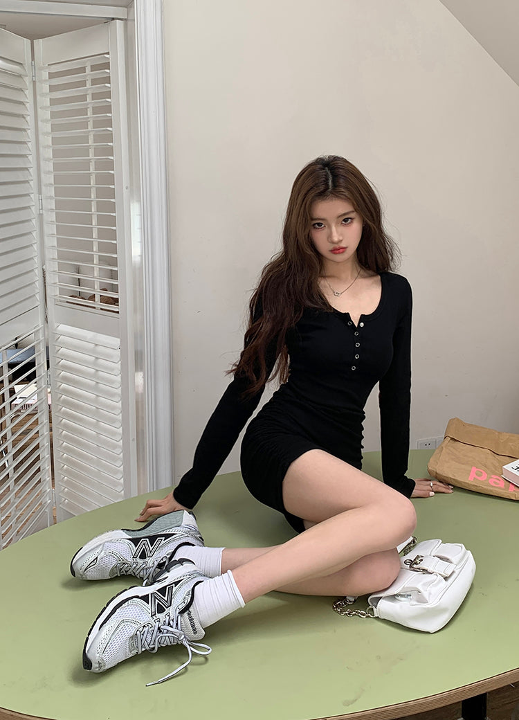 Fri. Basic薄長連身包臀裙 黑/卡其