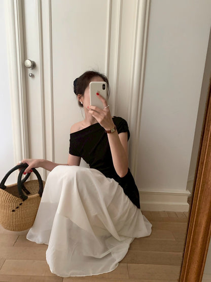 Mon. 韓chic高級斜肩黑白拼接連身裙