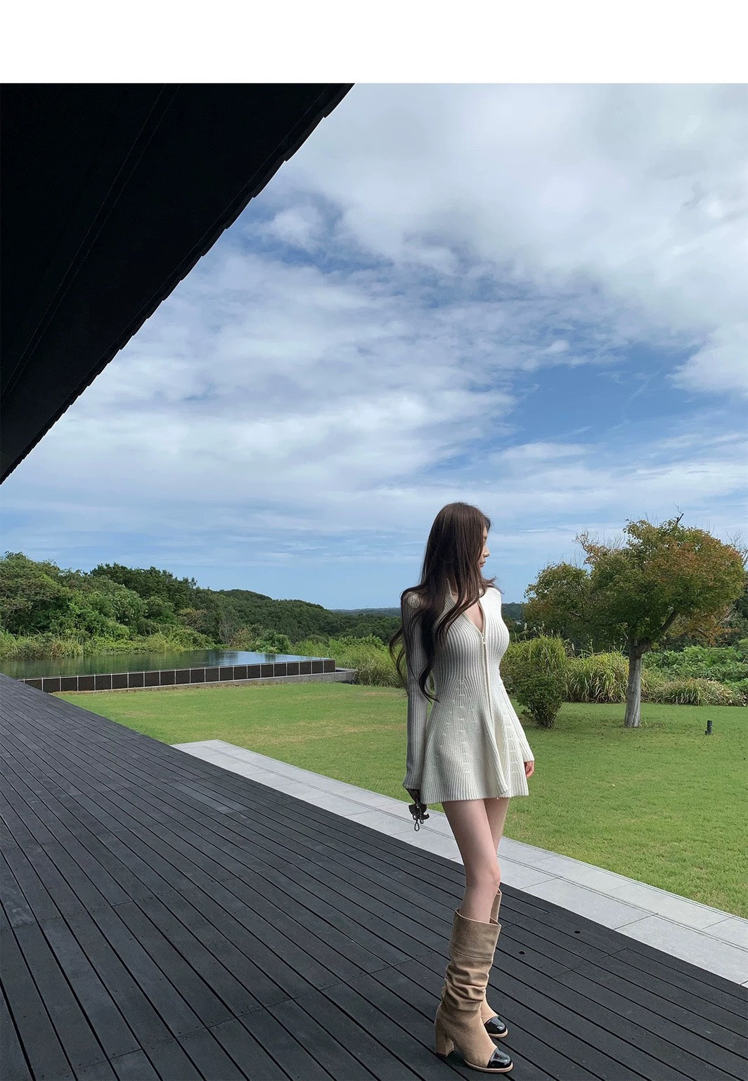 Thu. 氣質姊姊半高領拉鍊粗針花瓣連身裙 白