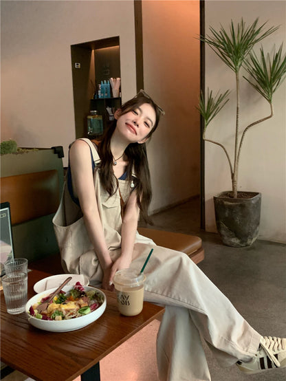 Sat. 大口袋工裝卡其吊帶褲