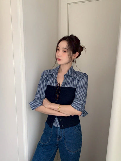 Thu. 時髦韓女vide修身針織藏藍抹胸/格紋襯衫
