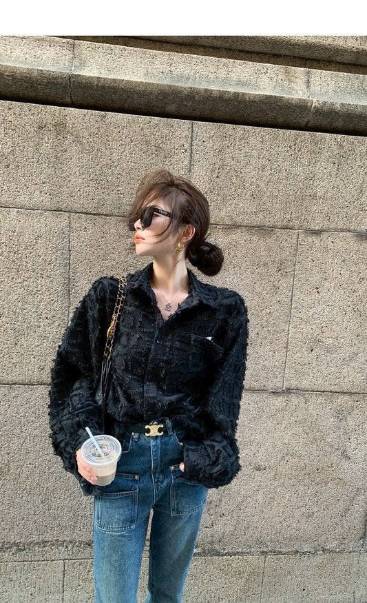 Tue. 小香粗呢鬚邊方格寬鬆襯衫 黑