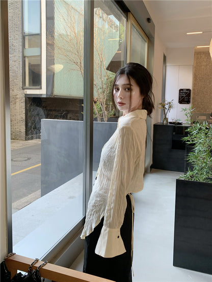 Wed. 肌理紋收腰寬領襯衫 杏色