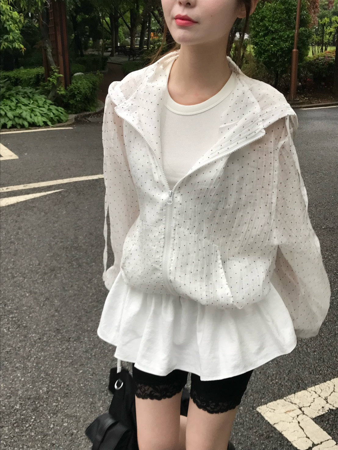 Tue. 日漫少女可愛連帽波點拉鏈外套 白