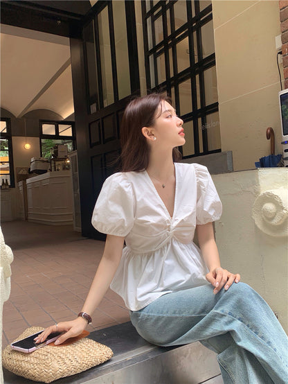 Mon.高腰v領口胸前抓皺上衣 白