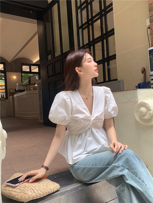 Mon.高腰v領口胸前抓皺上衣 白