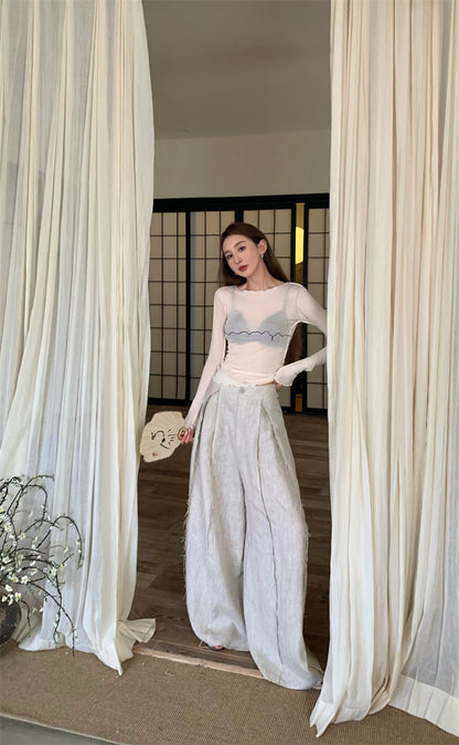 Wed. 線條塗鴉花邊打底衣 休閒褲 米色/黑