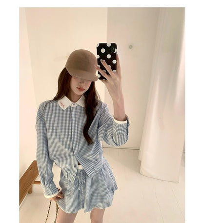 Tue. 冷調錫藍格紋花苞裙套裝