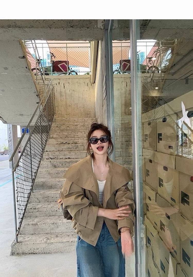 Tue. 英倫萊賽韓系翻領雙排扣風衣 卡其