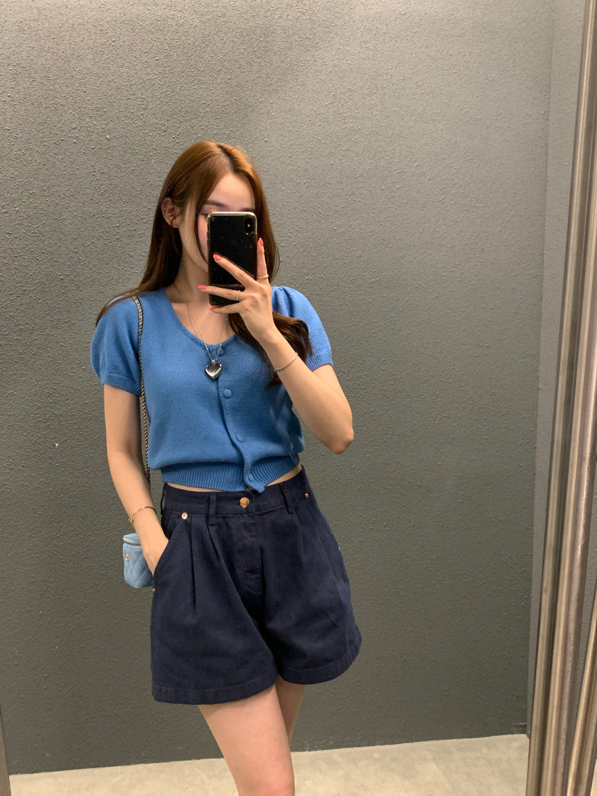 Tue. 泡泡袖針織圓領上衣 藍