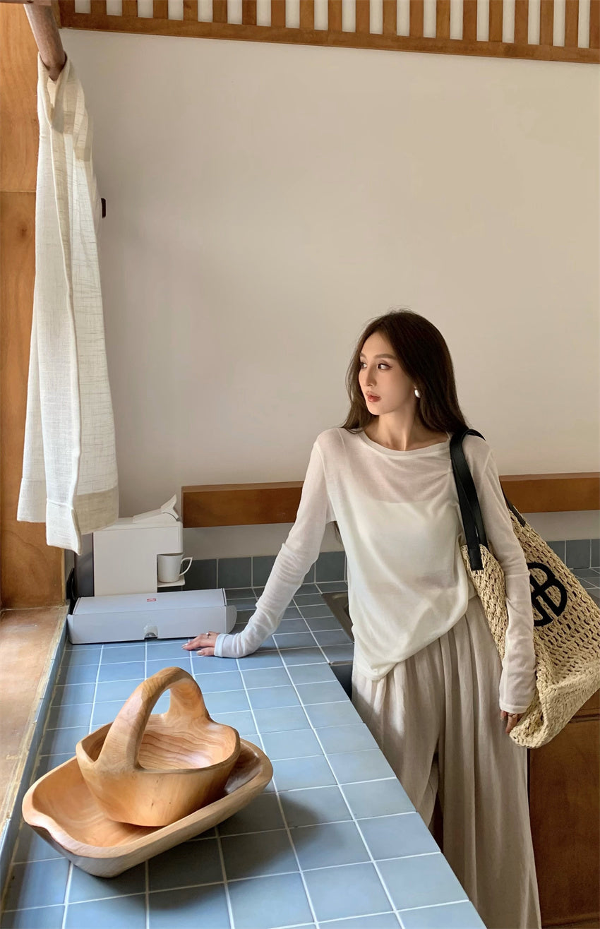 Mon. 透視感上衣 & 落地休閒褲 奶白