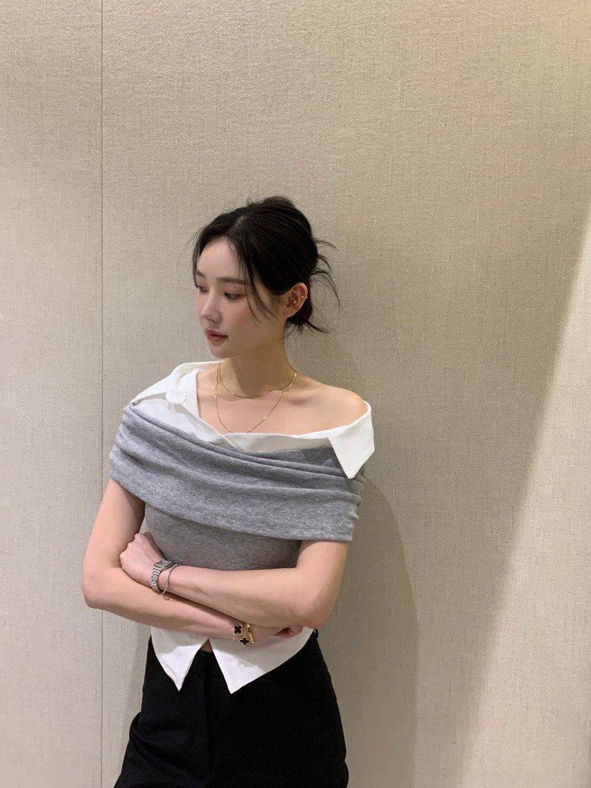 Tue. Elle庫尼假兩件式襯衫上衣 灰