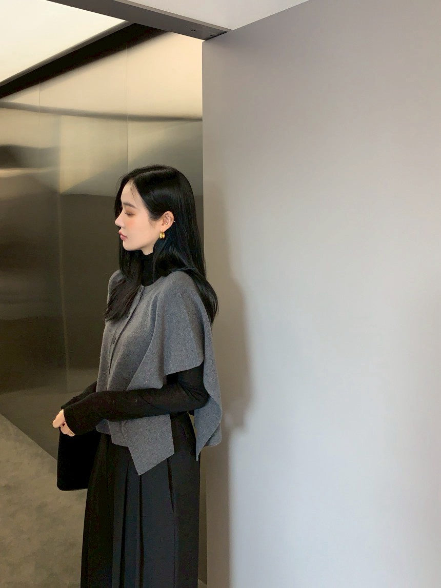 Fri. 氣質韓chic針織疊穿斗篷 卡其/灰黑