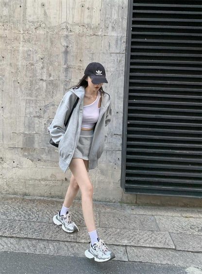 Mon. 美式休閒運動連帽外套 & 短裙 灰