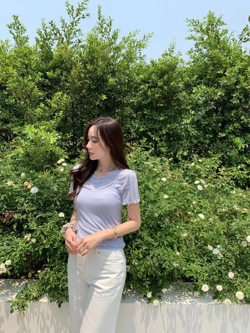 Thu. 顯嫩少女波浪袖兩件式疊穿上衣 藍