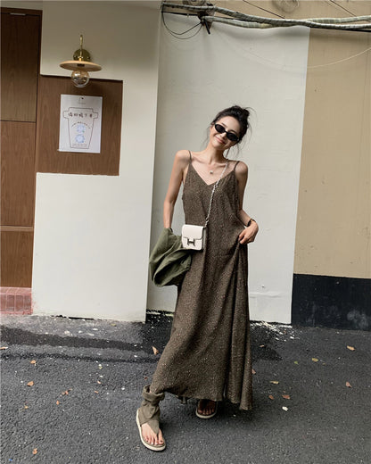 Thu. 復古v領連身長裙 復古排扣背心