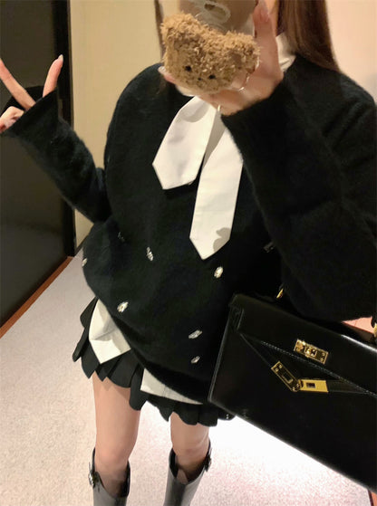 Tue. 軟糯釘鑽圓領針織上衣 領結白襯衫