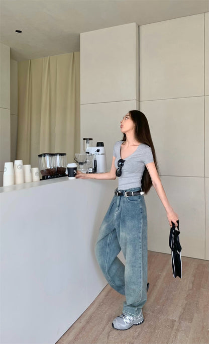 Mon. 正肩百搭打底彈力T 灰 (兩種領口)