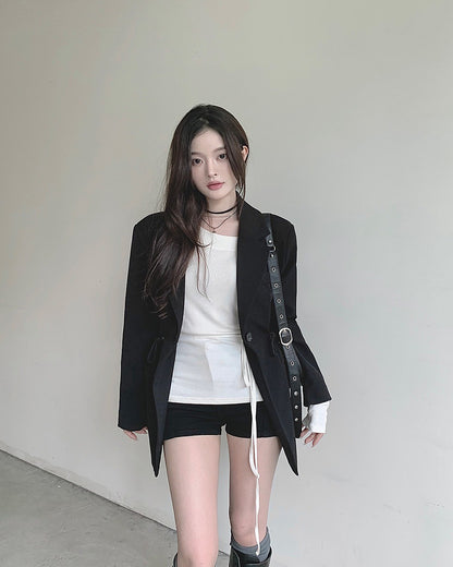 Fri. 休閒抽繩可調腰身西裝外套 卡其/黑