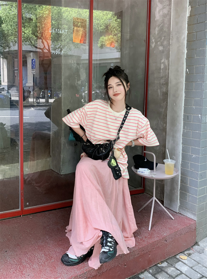 Tue. 夏日條紋圓領上衣 粉