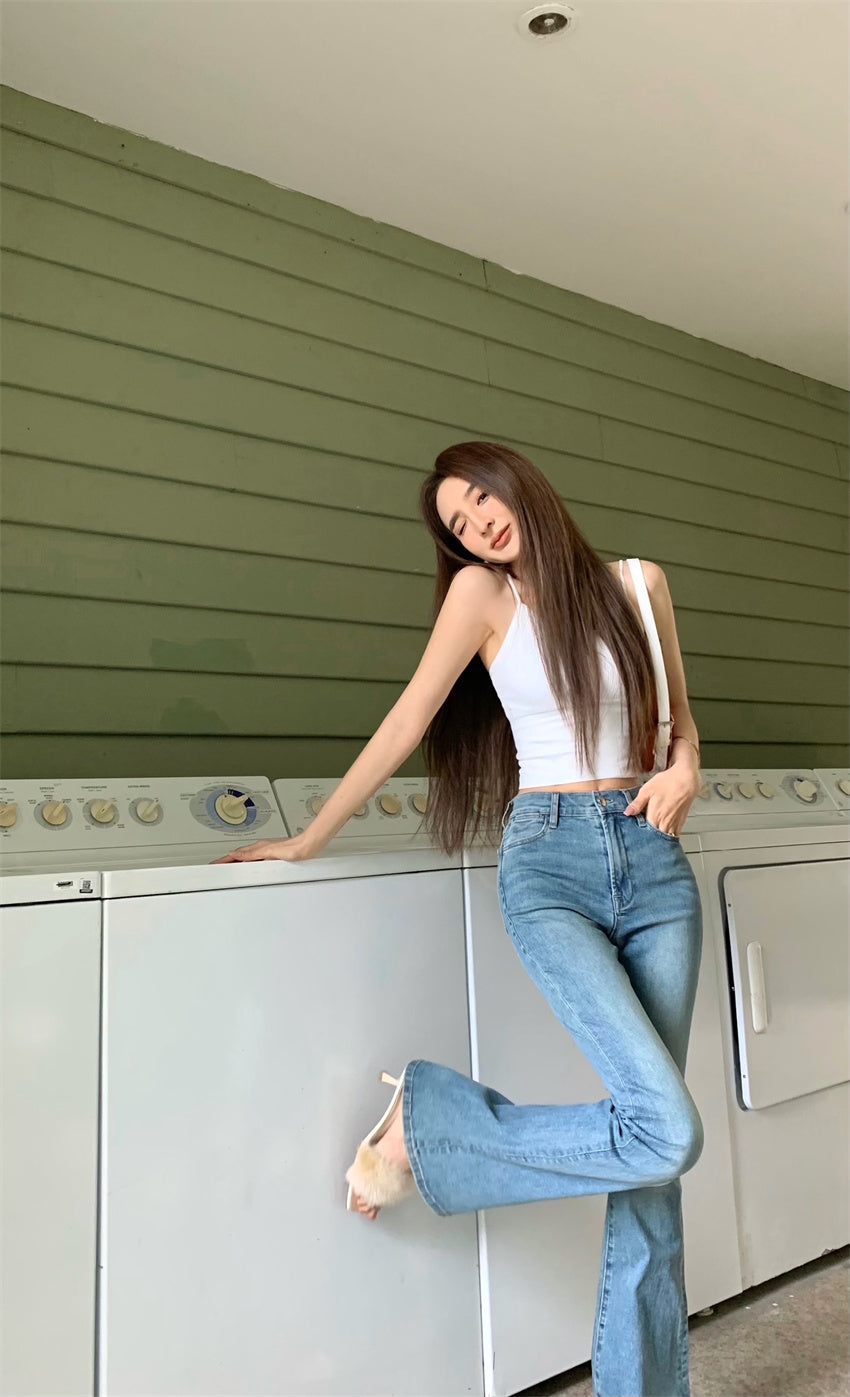 Mon. 復古顯瘦高腰喇叭褲 淺藍