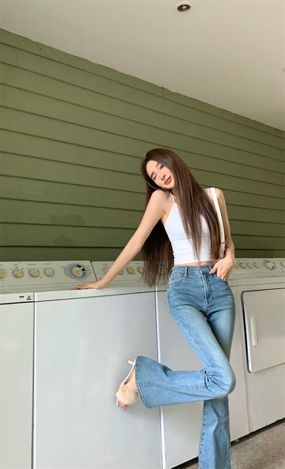 Mon. 復古顯瘦高腰喇叭褲 淺藍